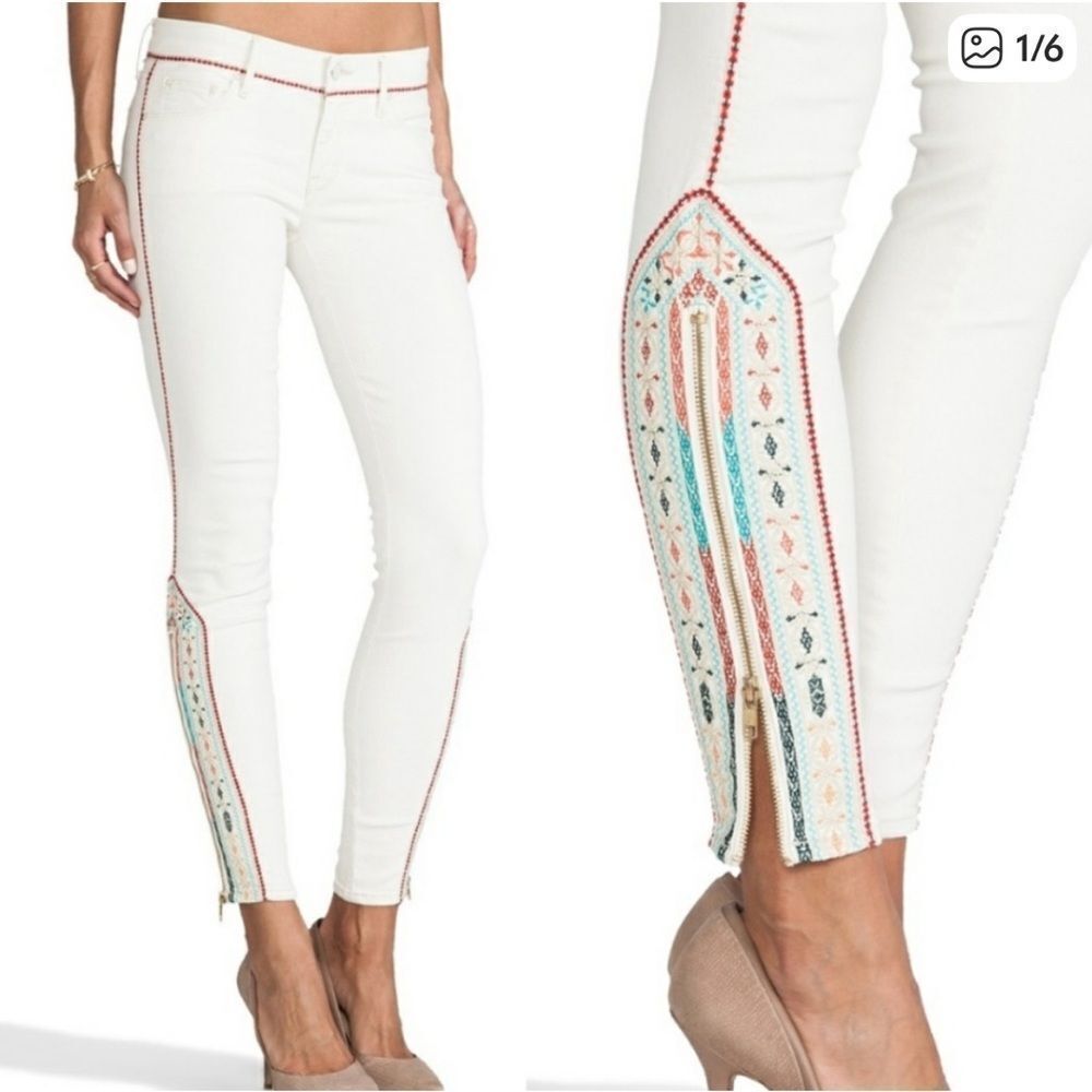 Mother The Looker Ankle Zip Barefoot Princess Jean Embroidered Stitch Womens 29